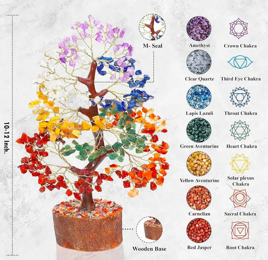 Crystal Tree for Home and Office - 7 Chakra & 7 Single Stone Natural Gemstone Vastu Tree - 300 Beads 10-12 Inch | Sun Point Jewellers Since 1980 Sun point jewellers