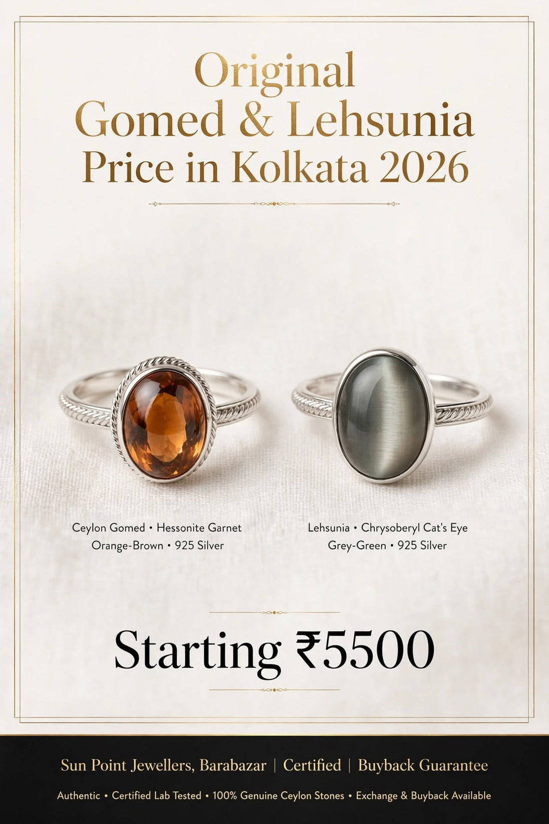 Original Ceylon Gomed and Lehsunia stone price in Kolkata 2026 at Sun Point Jewellers kolkata