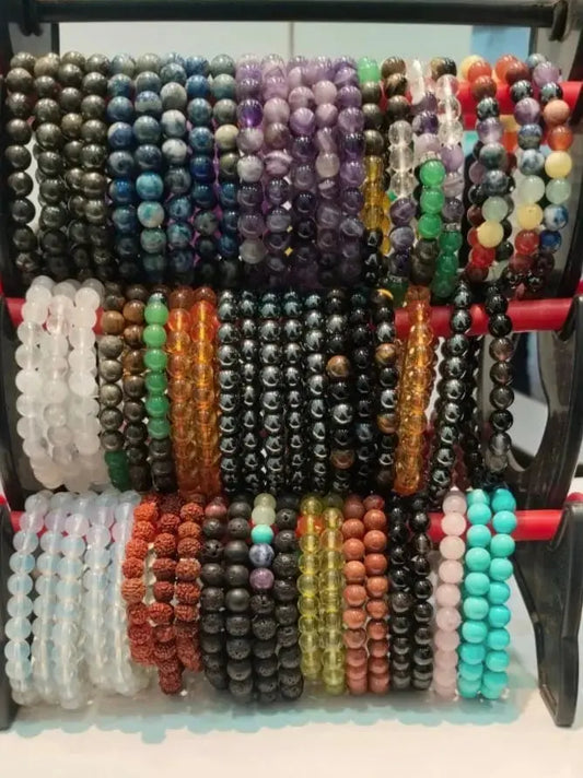 Original crystal bracelets collection at Sun Point Jewellers Kolkata - Pyrite, Amethyst, Rose Quartz, Black Tourmaline, 7 Chakra bracelets