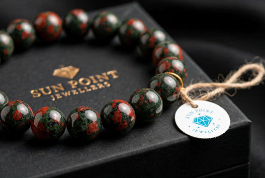 Original Certified Bloodstone Bracelet – 8mm Natural Heliotrope – Stone of Courage & Protection – Lab Certified | Sun Point Jewellers Sun point jewellers